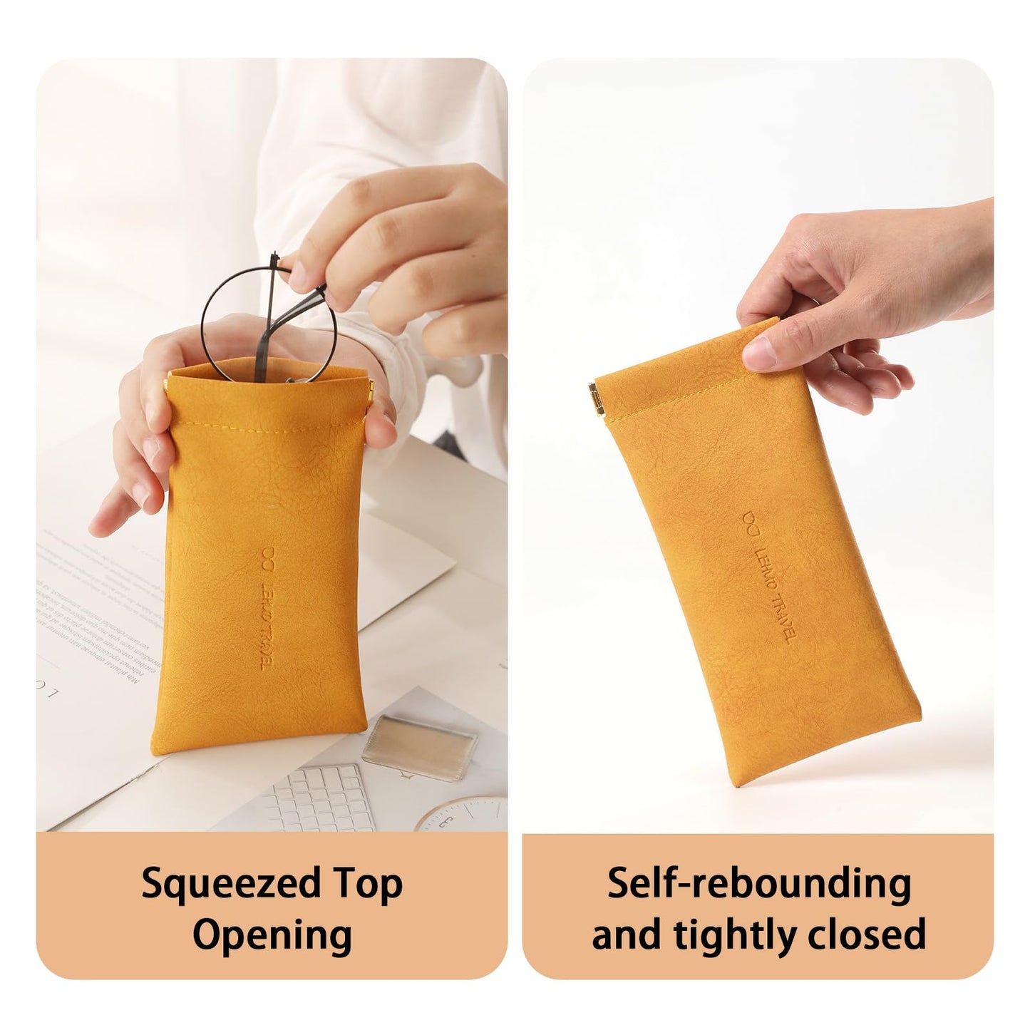 RIGHT AWAY 3Pcs Sunglasses Case Soft Glasses Case,Squeeze Top Eyeglass Case PU Leather Glass Pouch Bag for Women Girs,Slim Glasses Sleeve,Portable Sunglass Holder for Purse(Orange+Blue+Pink)