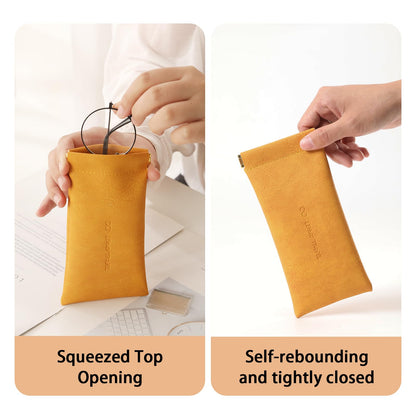 RIGHT AWAY 3Pcs Sunglasses Case Soft Glasses Case,Squeeze Top Eyeglass Case PU Leather Glass Pouch Bag for Women Girs,Slim Glasses Sleeve,Portable Sunglass Holder for Purse(Orange+Blue+Pink)