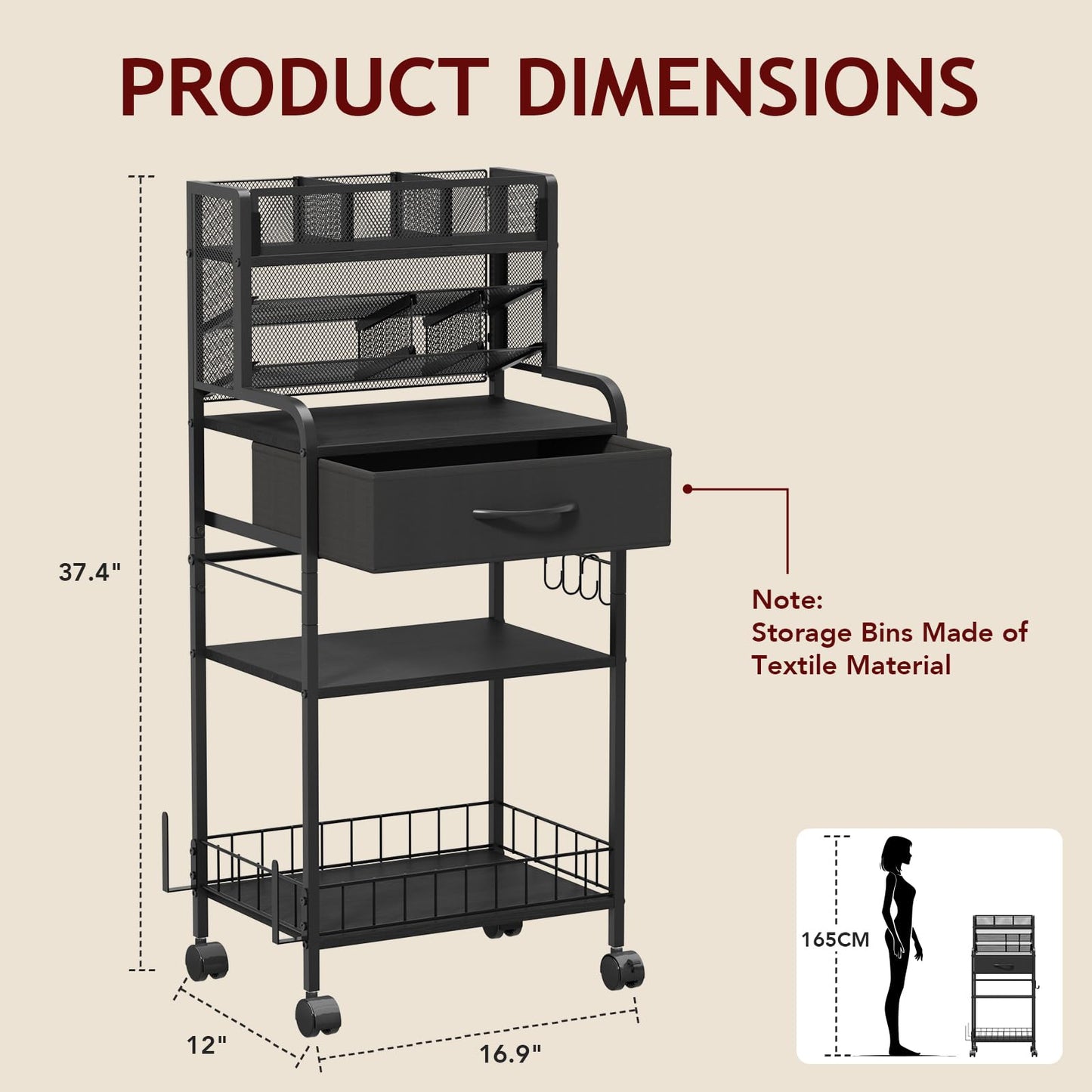 Homsorout Art cart, 3 Tier Rolling Cart - Utility Cart with Storage Drawer and Wheels, Versatile Art & Craft Organizer for Home, Office, or Studio Ideal for Storing Brushes, Paints (Black)