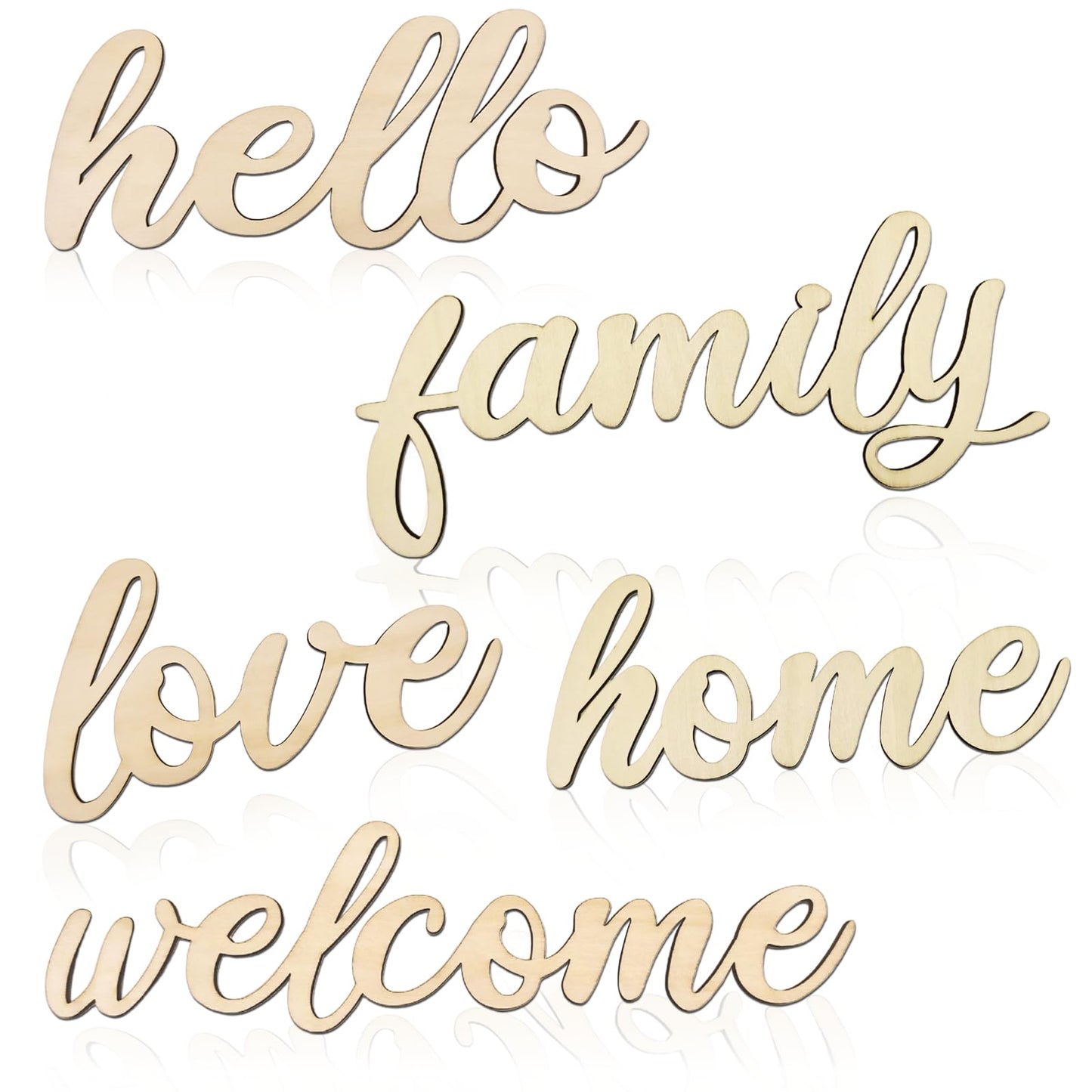 Zaruatu 5 Pcs Unfinished Wood Sign Cutout Wooden Hello Welcome Love Home Family Sign Wooden Hello Welcome Letter Block for Wreath Crafts Decorative Word Signs for Door Wall Christmas Trees (Wood)