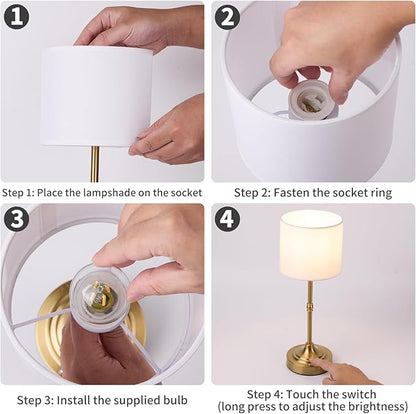Rechargeable Cordless LED Table Lamp Fabric Shade Desk Lamp, 3-Level Dimmable Touch Control, 5200mAh, Patio Table Lamp, Bedside Night Lamp, Ambient Light for Restaurant.(Gold)