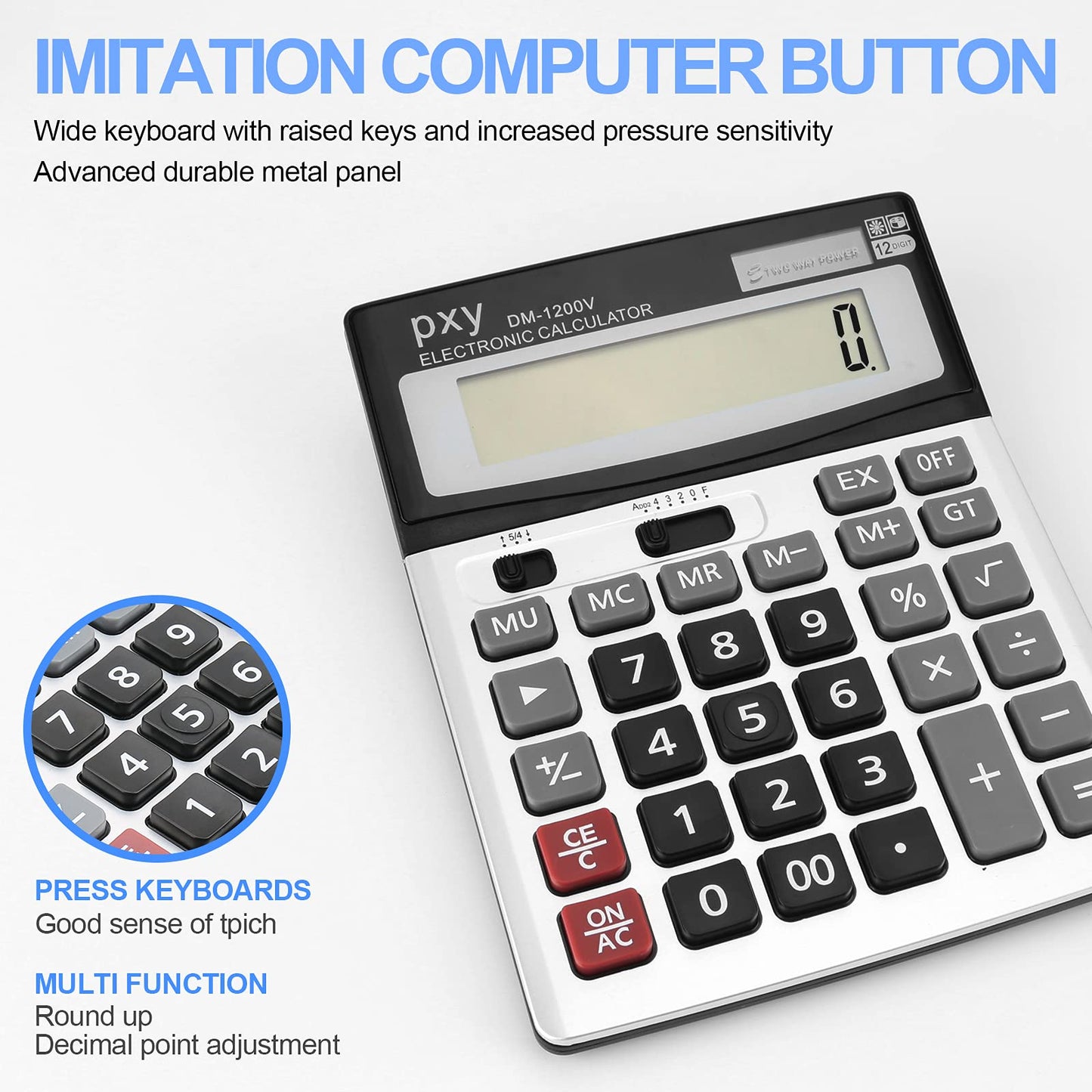 Desk Calculator 12 Digit Extra Large LCD Display, Touch Comfortable with Big Buttons, PXY Two Way Power Battery and Solar Standard Function Office Calculators
