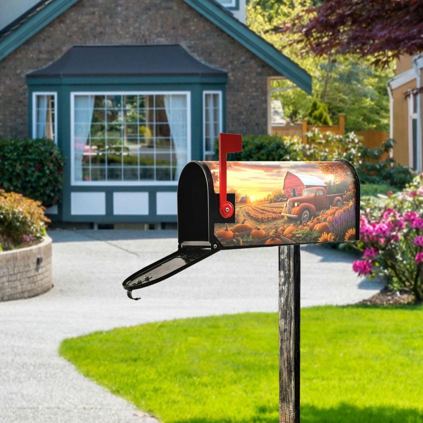Red Truck Fall Autumn Field Magnetic Mailbox Cover MailWraps Garden Yard Home Decor for Outside Standard Size-18"x 20.8"