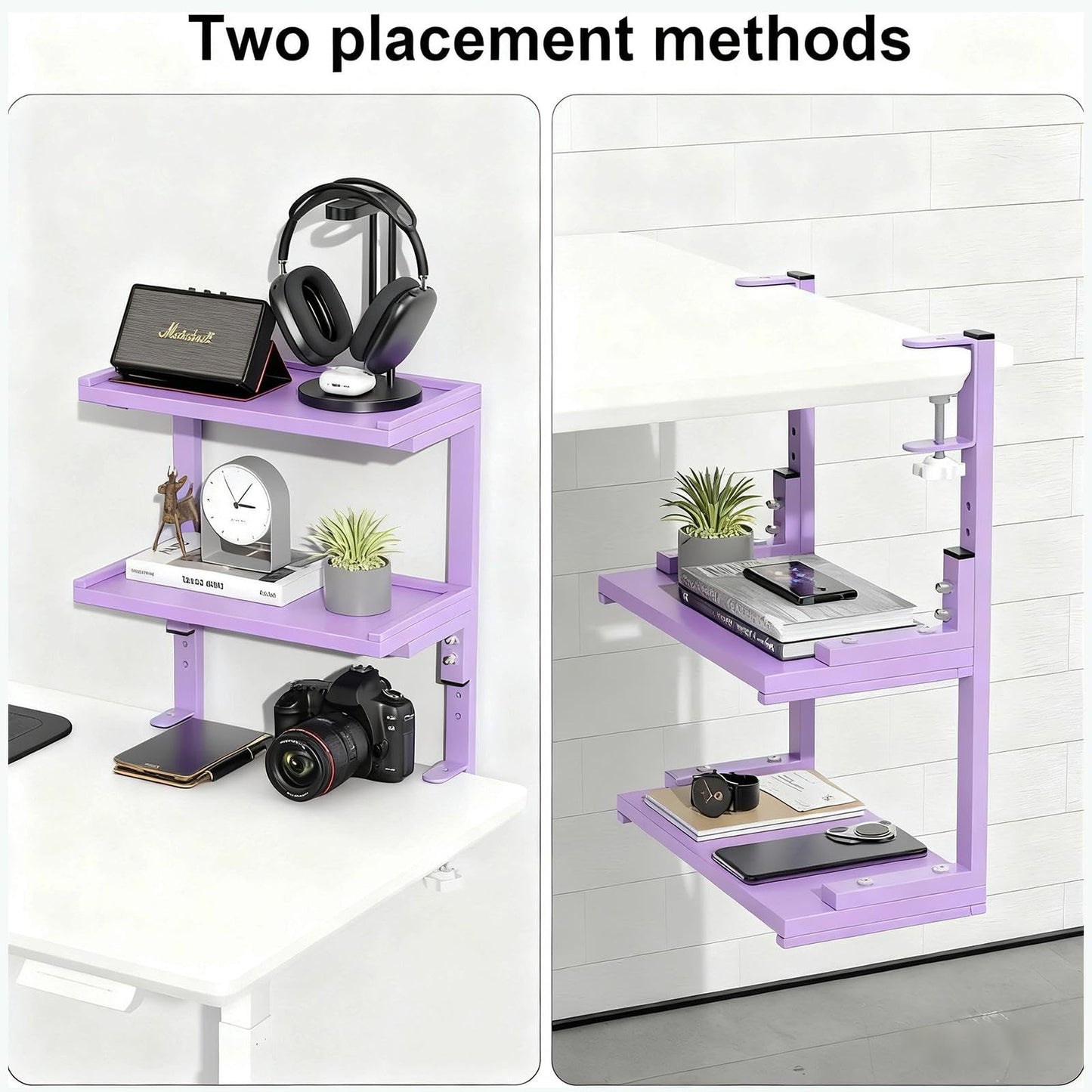 OUTIOE 2-Tier Desk Shelf, Expandable Under Desk Storage, Clamp on Desk Shelf, Desktop Accessories for Offices, Study Rooms, and Game Rooms (Purple)