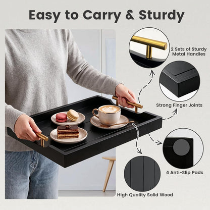 ComfyTune Wood Serving Tray with Metal Handles, 17x13in Large Wooden Tray for Ottoman, Coffee Table, Breakfast, Dinner & Bar, Decorative Tray for Living Room, Bedroom, Bathroom and Kitchen, Black