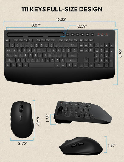 Wireless Keyboard and Mouse Combo, 2.4G Lag-Free Keyboard Set with Ergonomic Wrist Rest, Phone Holder, Silent Keyboard Cordless Set for Computer, Batteries Included, Laptop, PC, Mac, Windows -SABLUTE