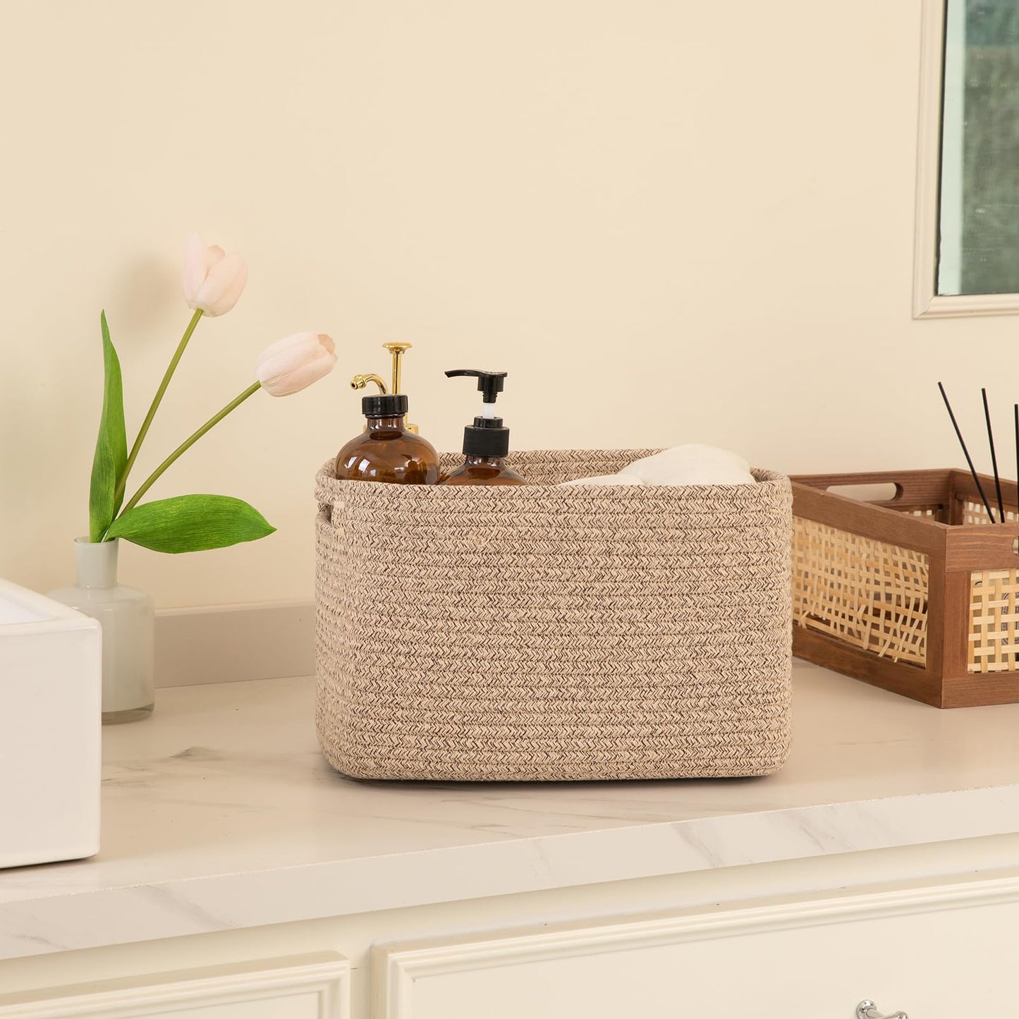 OIAHOMY 4 Pack Storage Baskets for Organizing, Cube Storage Bins for Shelves, Rectangle Storage Baskets With Handles, Woven Baskets for Storage, 12.7''Lx9''Wx7.8''H, Mixed Brown