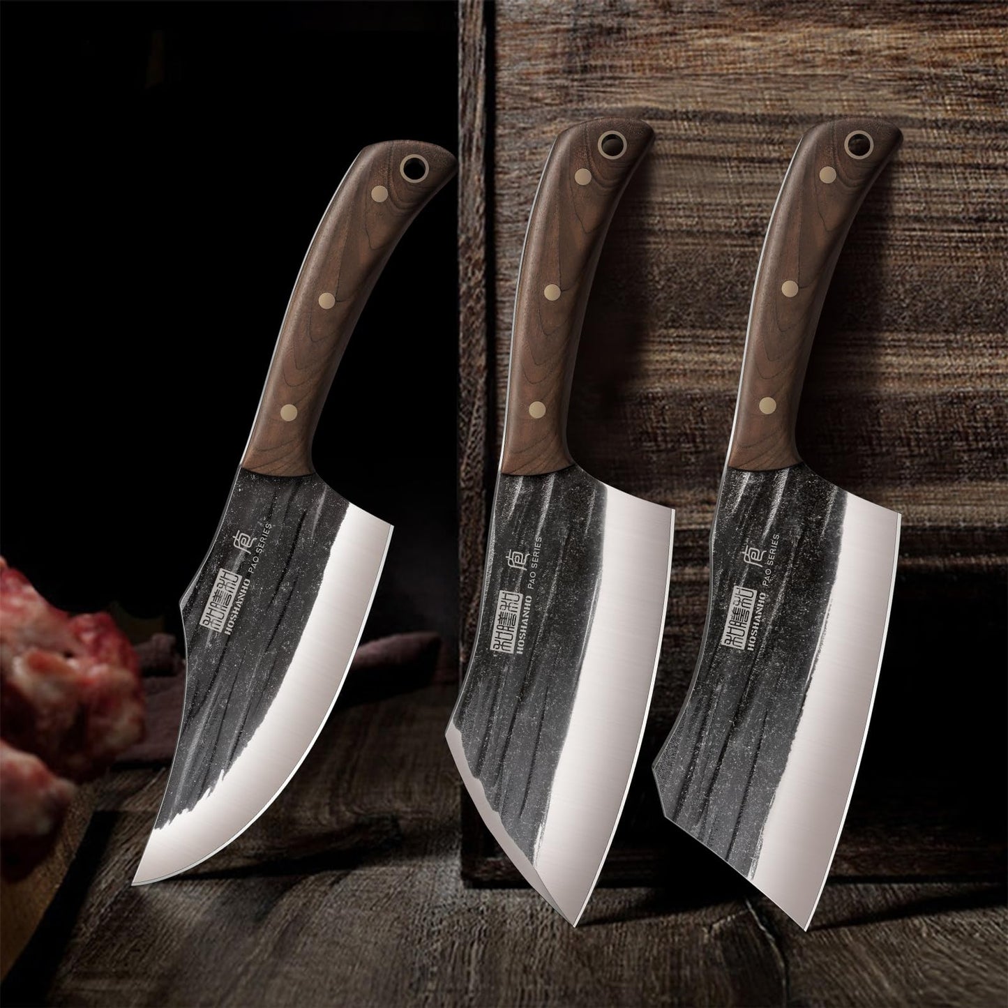 HOSHANHO Butcher Knife Set, 3-Piece High Carbon Steel Serbian Chef Knife Set of Heavy Duty Boning Knife & Meat Cleaver Knives & Viking Knives for Home, Cooking, Outdoor Camping BBQ