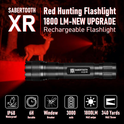 SABERTOOTH Red Hunting Light Rechargeable Tactical Flashlight with Holster 1800LM 340-yard Red LED Flashlight for Hunting Coyotes, Wild Boars, and Vermin