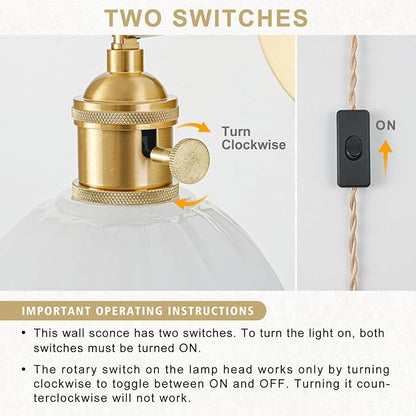 Plug in Wall Sconce, Vintage Sconce Light with Tulip Milk White Glass Lampshade, 180° Adjustable Wall Sconce with Switch and Plug in Wall Lamp Cord, Gold Wall Light for Bedroom Bedside