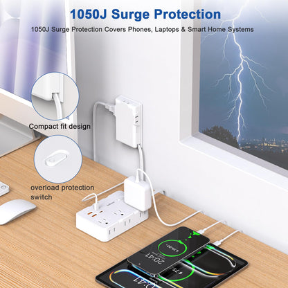 Flat Plug Power Strip Surge Protector, 5ft Ultra Thin Extension Cord with 4 USB Wall Charger(2 USB C Port), 6 Widely-Spaced Outlets Power Strip Compact for Travel, Office, Dorm Room Essentials (White)