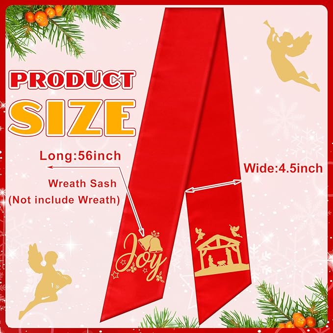 Wreath Sash for Front Door Wreath Satin Sash Blank Sashes Embroidery Monogram Yard Doorway Indoor Outdoor Wall Ribbon Bow Home Decor(Red, Gold,Nativity)