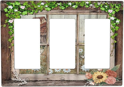 Farm Barn Farmhouse Rustic Country Flower Triple Rocker/Decora Wall Plate 3 Gang Light Switch Outlet Cover Plate Decorative Switchplate Electrical GFCI Faceplate for Kitchen Bathroom Decor
