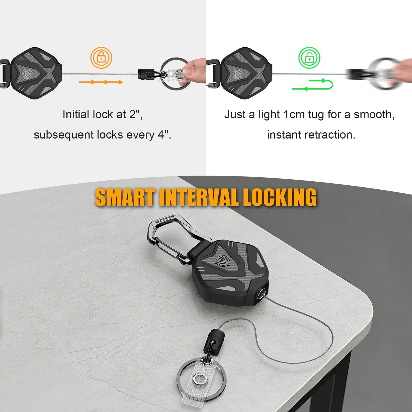 Oaridey Retractable Keychain with Smart Interval Locking, Heavy Duty Badge Reel with Metal Carabiner and 31.5" Steel Cord, Retractable Lanyard for Engineers, Anglers, Construction Workers, 2 Packs