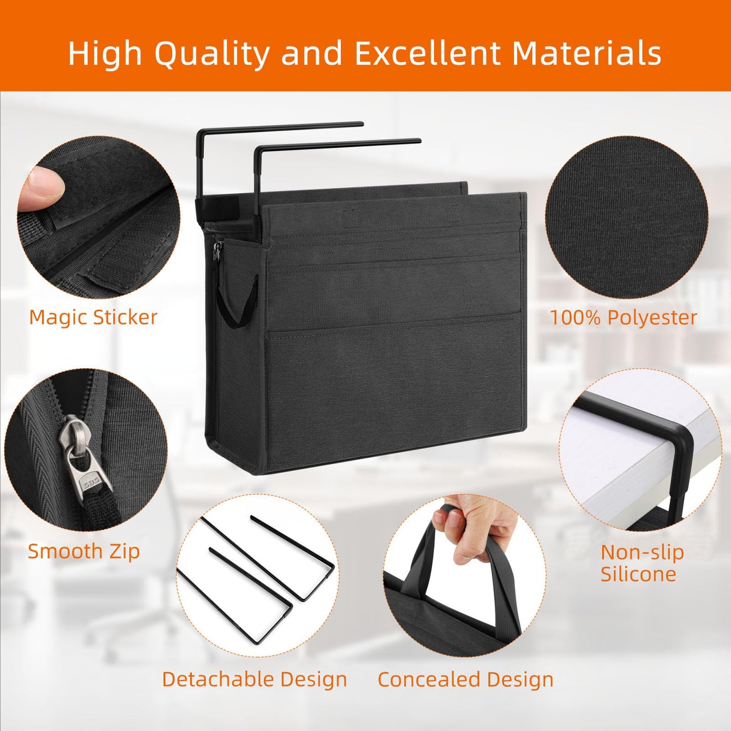 MASTLU Under Desk Hanging Storage Bag, Desk Organizer Storage, Office Side Storage Bag, Compatible with A4 Files, Detachable Handle Design, No Assembly Required, For Office Home School (Black)