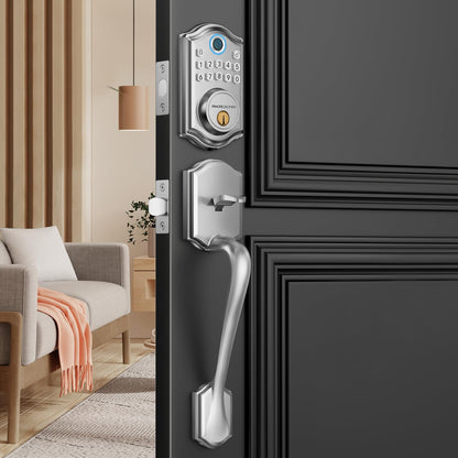 Keyless Entry Door Lock with Handle Set - Fingerprint Door Locks, Electronic Keypad Deadbolt, Smart Locks for Front Door, Auto-Lock & One Touch Locking, Easy Installation - Satin Nickel