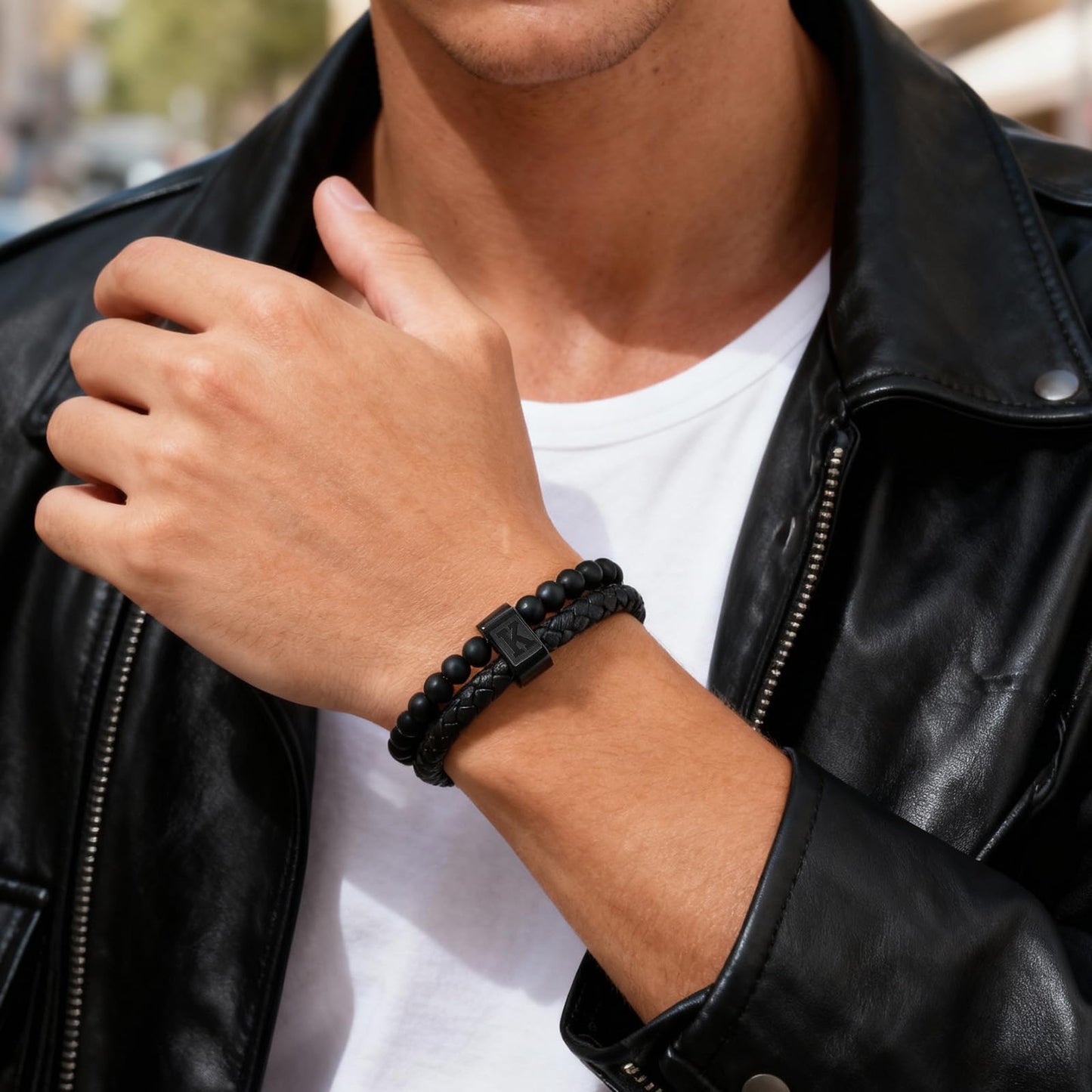 Initial Bracelet for Men Letter Handmade Natural Agate Stone Beaded Braided Black Leather Adjustable Cuff Meaningful Bracelets , Jewelry Gifts, Father's Day Gifts Matching Couple, 7.5-8.3 Inches