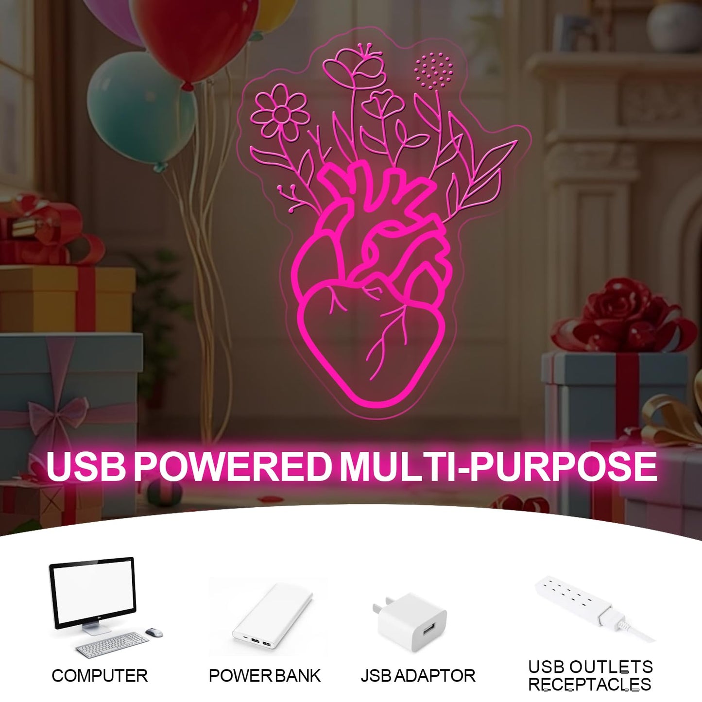 Blooming Human Heart Neon Sign for Wall Room Lights, Heart Flower Custom Led Sign, Wedding Wall Decor, Valentine's Day Wall Decor, Couple Room Light, Bar Home Lamp Party Dorm Living Room