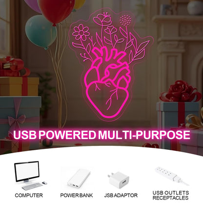 Blooming Human Heart Neon Sign for Wall Room Lights, Heart Flower Custom Led Sign, Wedding Wall Decor, Valentine's Day Wall Decor, Couple Room Light, Bar Home Lamp Party Dorm Living Room