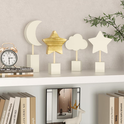 4 Pcs Wooden Moon and Stars Nursery Decor Boho Sky Cloud Nursery Shelf Decor Cute Children Baby Wall Decor for Nurseries Bedroom Kindergarten Classroom Playroom