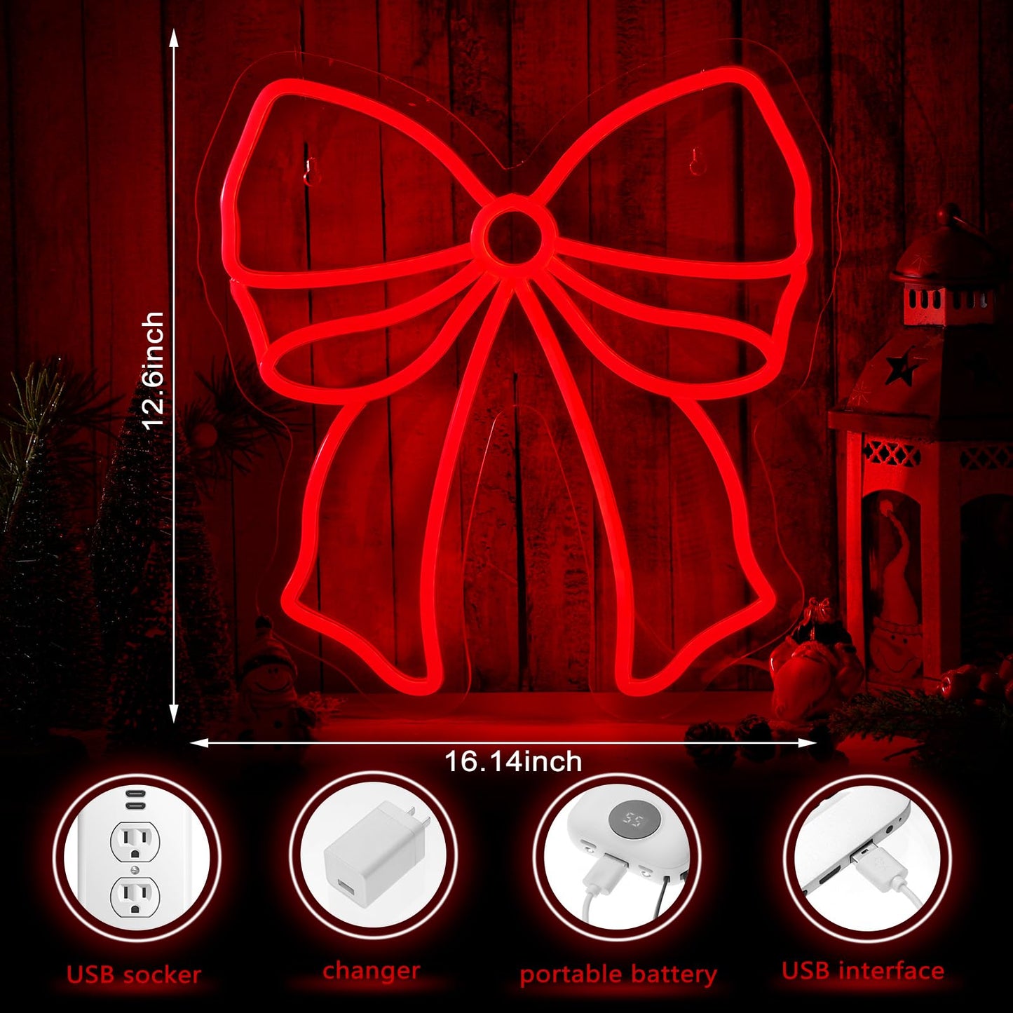 Xuhal Christmas Bow Neon Sign LED Red Bow Light up Sign Christmas Neon Light USB Powered Acrylic Home Wall Decor for Xmas Party Bedroom Living Room Cafe Bar Outdoor Decorations