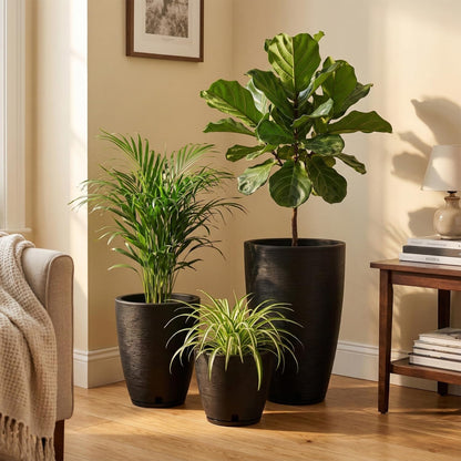 Floridis Set of 3 Black Planters for Indoor Outdoor Plants, 11/17/25 Inch Plastic Plant Pots with Drainage Hole and Saucer for Patio and Front Porch