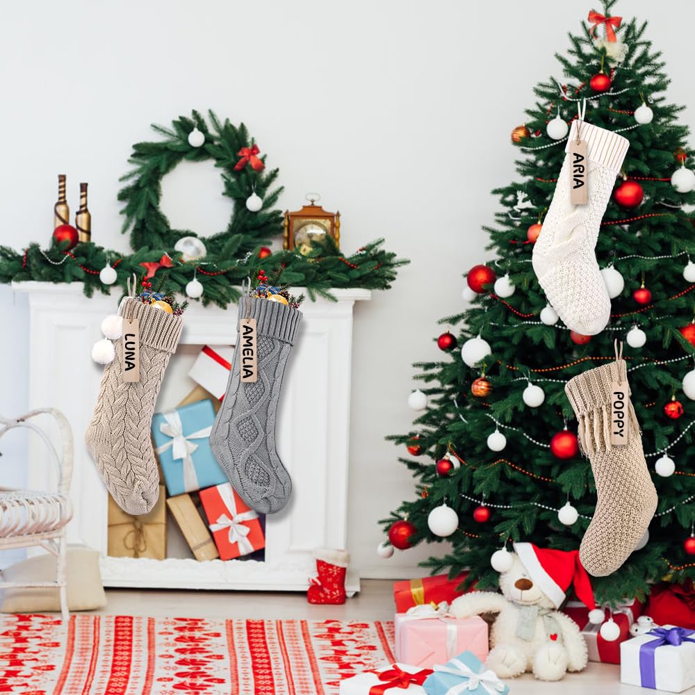 Teeanzo 4Pack 18 Inches Christmas Knitted Hanging Stockings,Xmas Large Farmhouse Rustic Neutral Cable Knit Personal Stockings Decorations for Christmas Tree Fireplace Family Holiday Party Decor