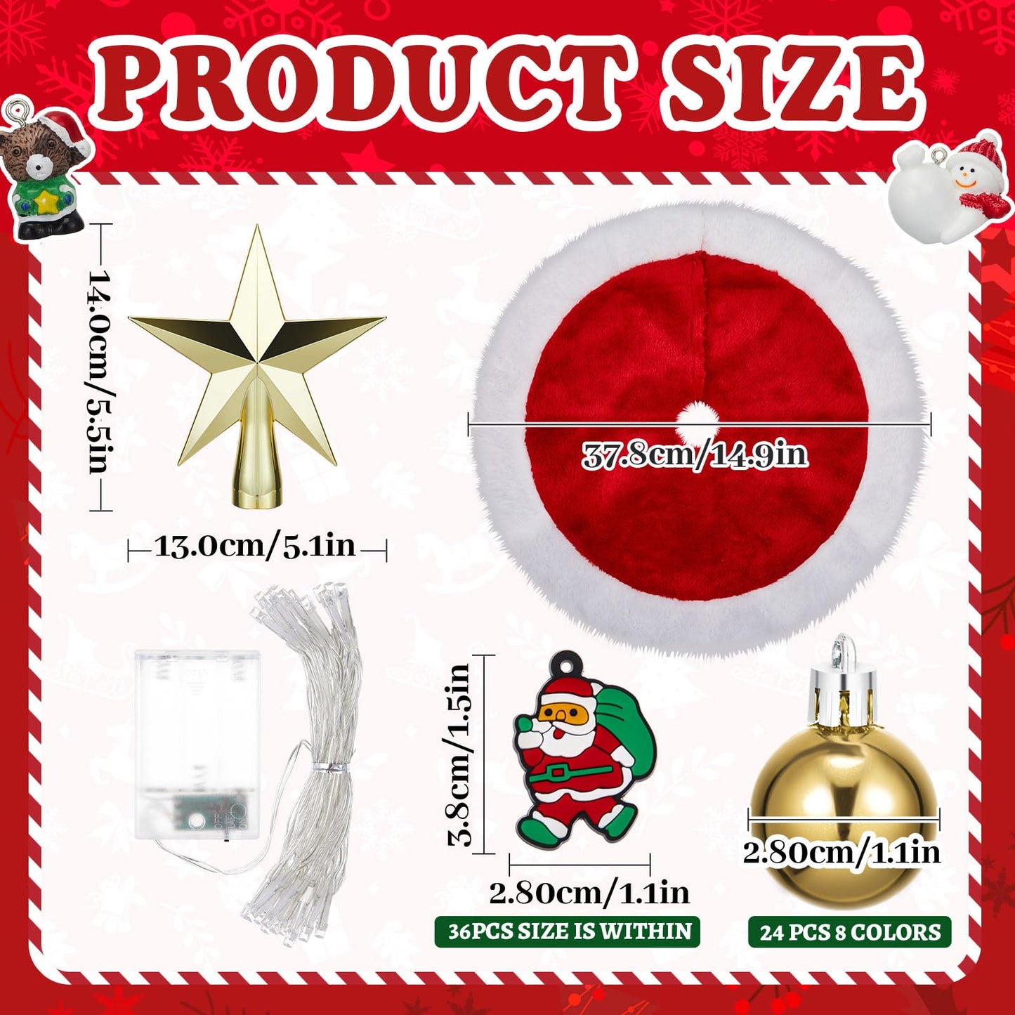 Syhood 63 Pcs Mini Christmas Tree Ornaments Set Decoration Gadget Small Skirt Star Topper Miniature Hanging Ornament with Light for Holiday Xmas