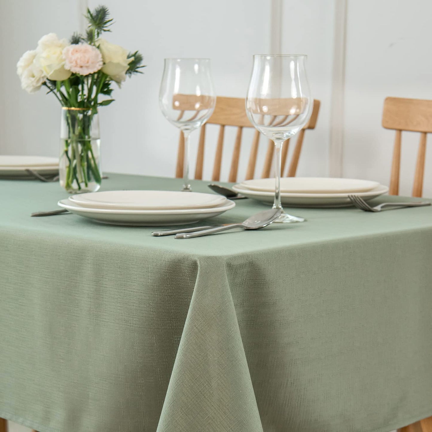 maxmill Rectangle Slubby Textured Tablecloth Waterproof Spillproof Wrinkle Free Table Cloth, Kitchen Dining Room Decoration, Fabric Table Cover for Holiday Party Dinner, 52 x 70 Inch, Sage Green