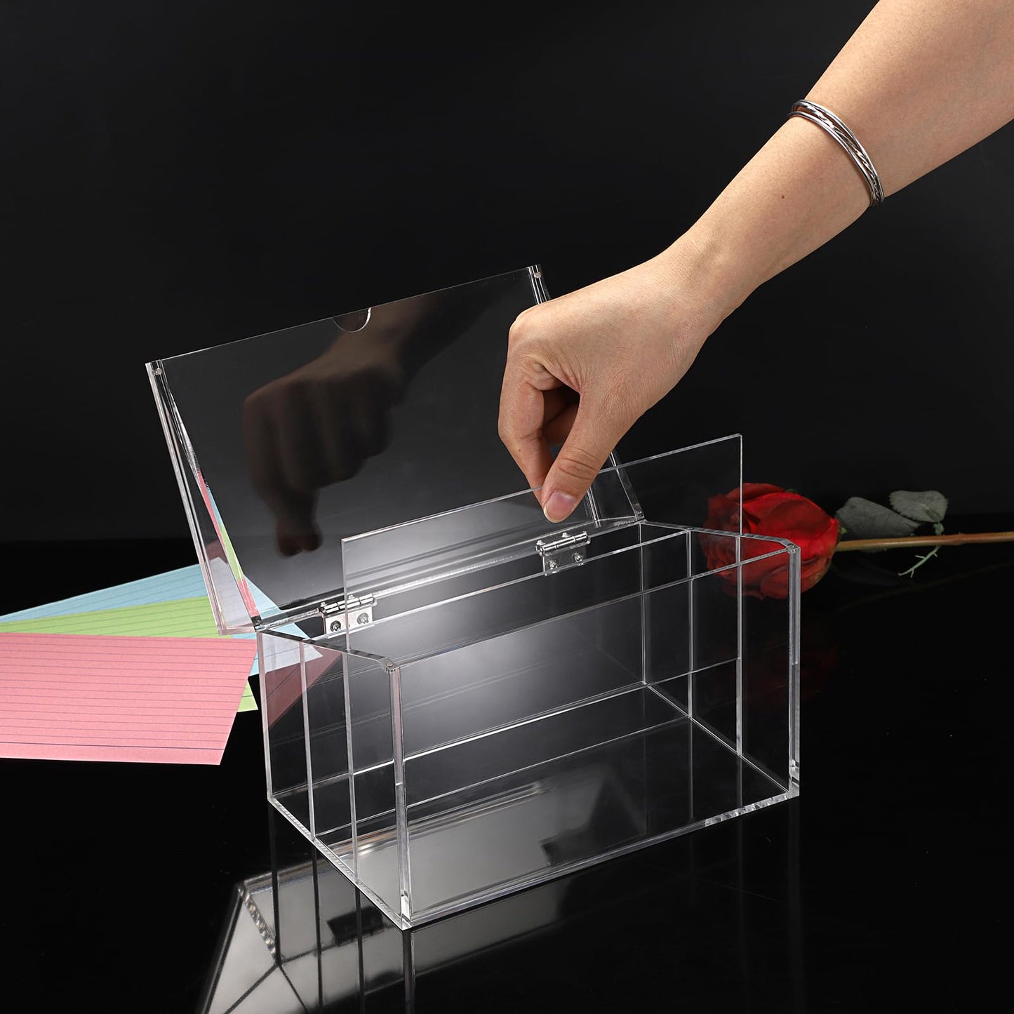 BTSKY Clear Acrylic 5 x 8 inch Index Card Box with Sign Lid & Removable Inserts, Divided 3-Compartment Index Card Holder Notecard Box Photo Storage Organizer for Filling Note Cards,Flashcards, Recipes