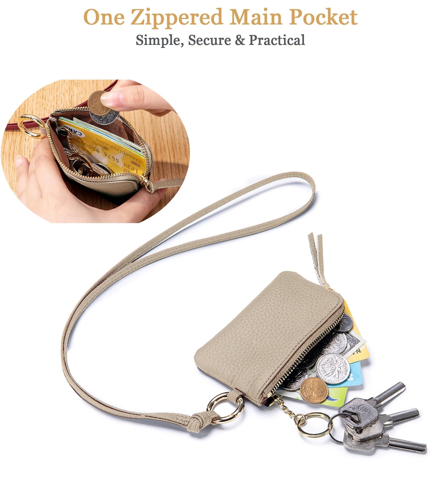 LnxLtw Travel-Friendly Leather Coin Purse for Women – Mini Zipper Wallet with Wrist Strap & Keychain, Compact Change Holder & Small Coin Pouch with Gift Box (Gray)