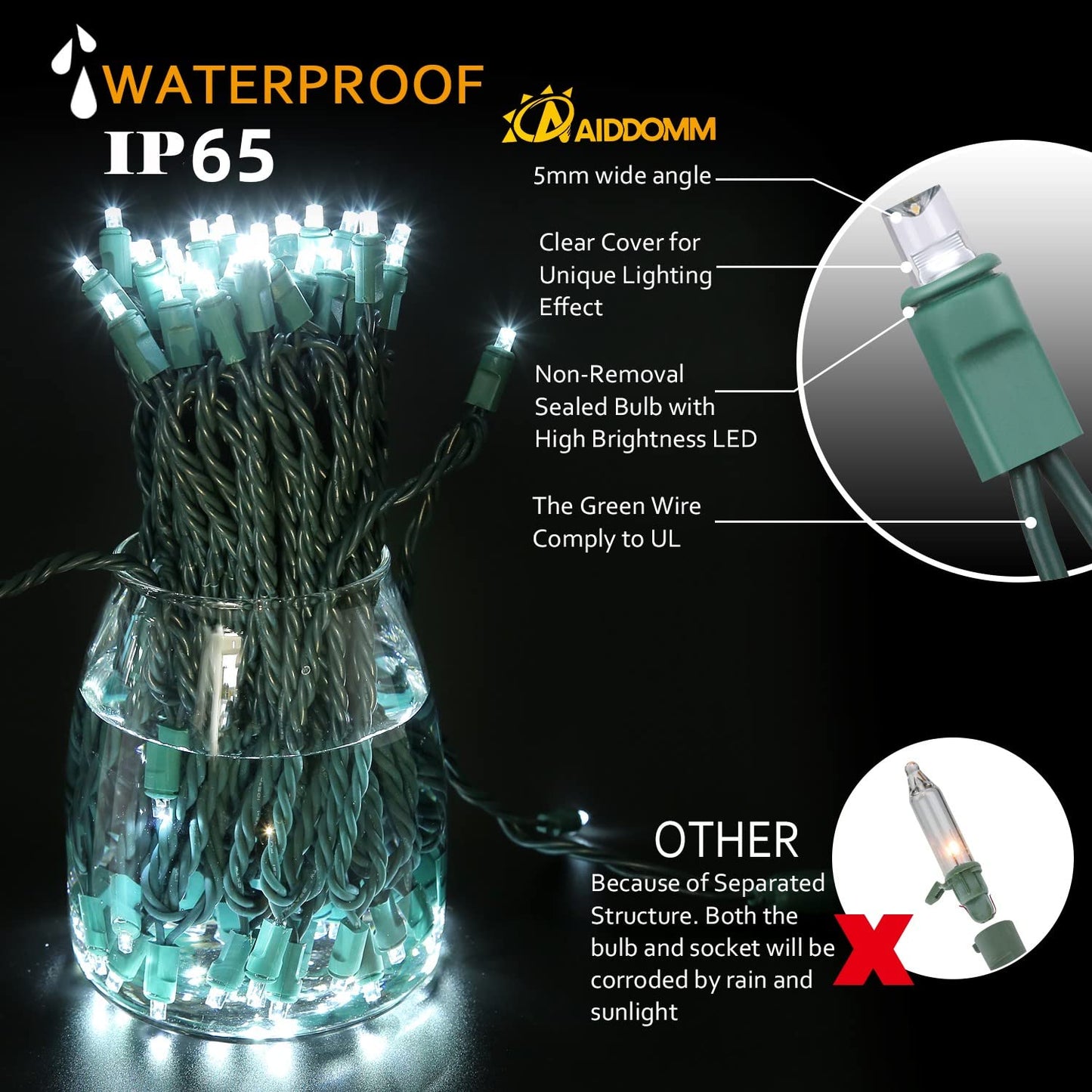AIDDOMM 50 Counts Cool White LED Christmas Lights – 25ft 5mm White Christmas Lights Outdoor Commercial Grade Waterproof, Indoor Christmas Tree Decorations, Green Wire Mini String Lights, UL, IP:65