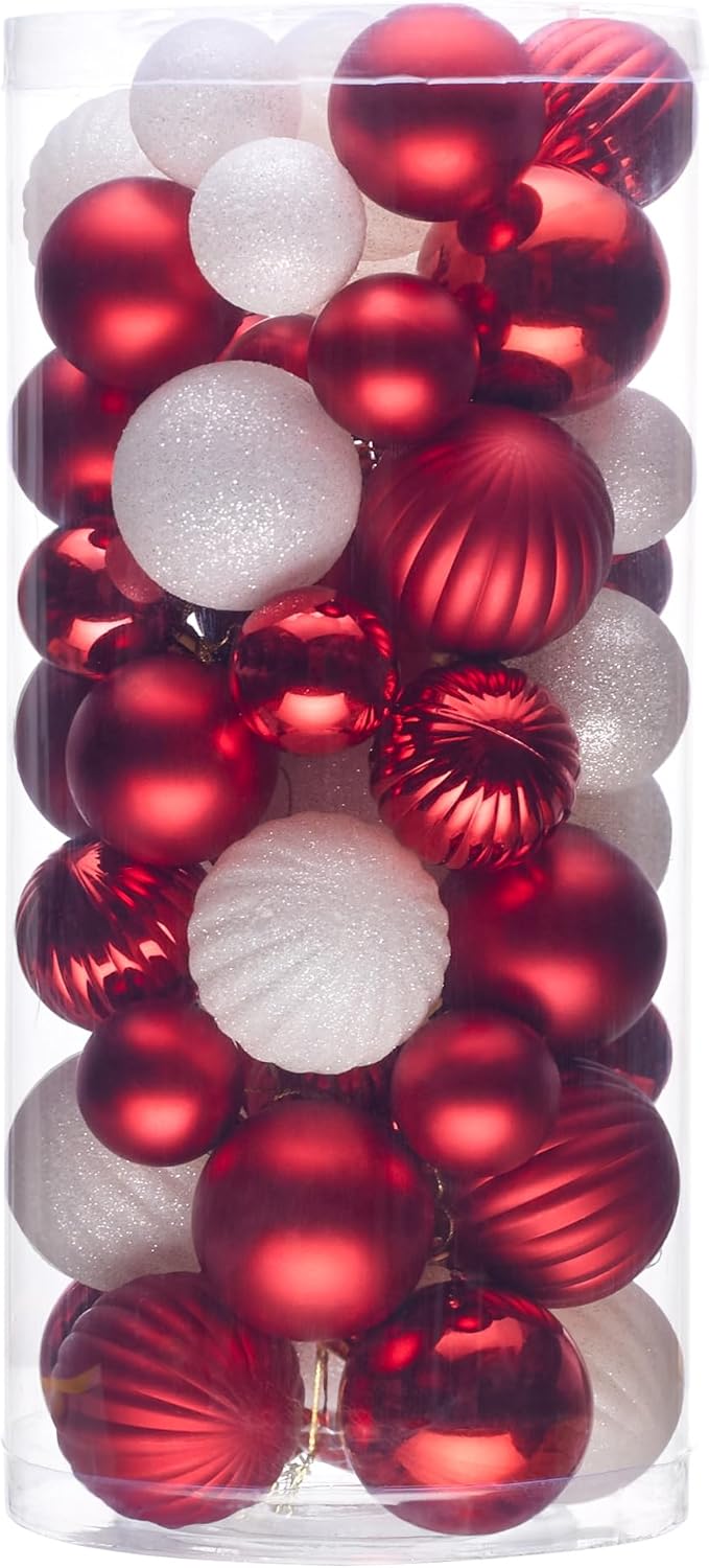 50ct Christmas Balls Ornaments for Xmas Tree, Red and White Shatterproof Christmas Tree Decorations Hanging Ball for Holiday Party Decor(1.57"-2.36")