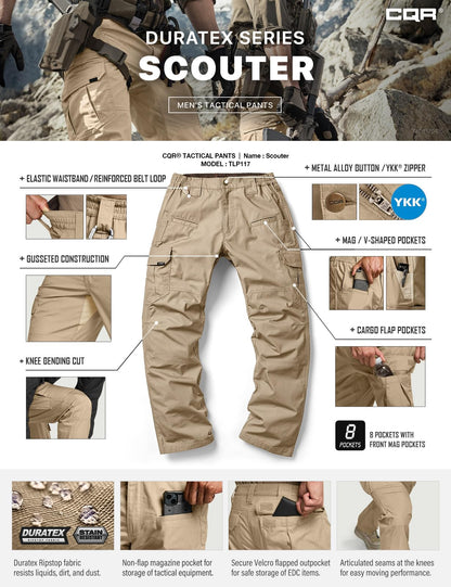 CQR Men's Tactical Pants, Water Resistant Ripstop Cargo Pants, Lightweight EDC Work Hiking Pants, Outdoor Apparel, Raider Khaki, 44W x 32L