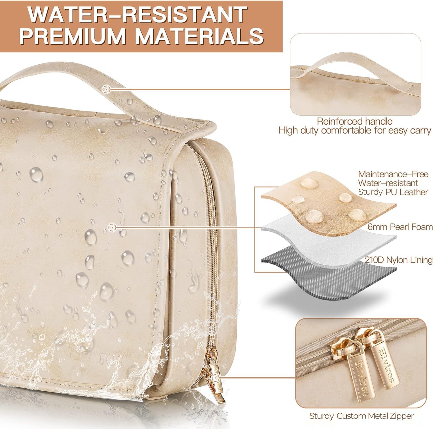 Elviros Hanging Travel Toiletry Bag for Women, 3-in-1 Large Makeup Bag and Cosmetic Organizer, Vegan Leather Waterproof Skincare Case for Travel Size Toiletries and Accessories, Gift for Women