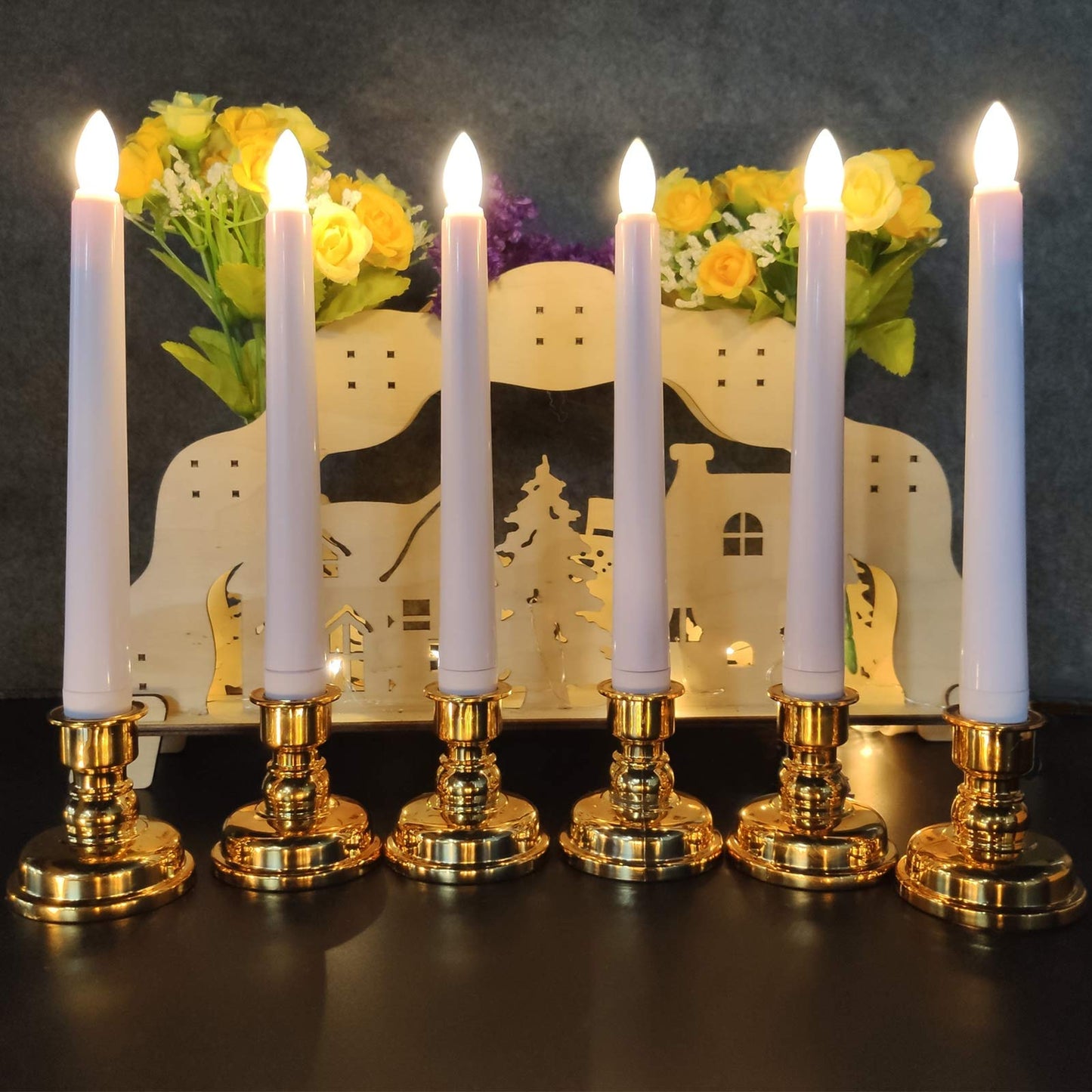 FREEPOWER Flameless Window Candles with Gold Bases, Battery Operated Taper Candle with 4H/6H Daily Timer, Remote Window Candle with Unique Flame