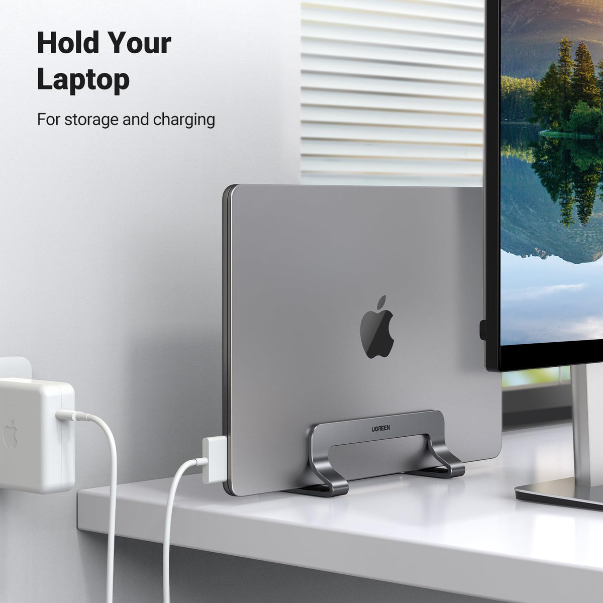 UGREEN Vertical Laptop Stand Holder for Desk Compatible with MacBook Pro, MacBook Air Stand Vertical Aluminum Adjustable for Up to 17.3 Inch Gaming Laptop, Gray