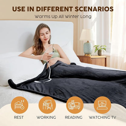 HYLEORY Heated Electric Blanket Twin 62"x84" Soft Fleece & Flannel with 5 Heating Levels & 10 Hours Timer Auto Shutt Off, ETL Certified, Washable，Heated Blanket for Body-Dark Grey