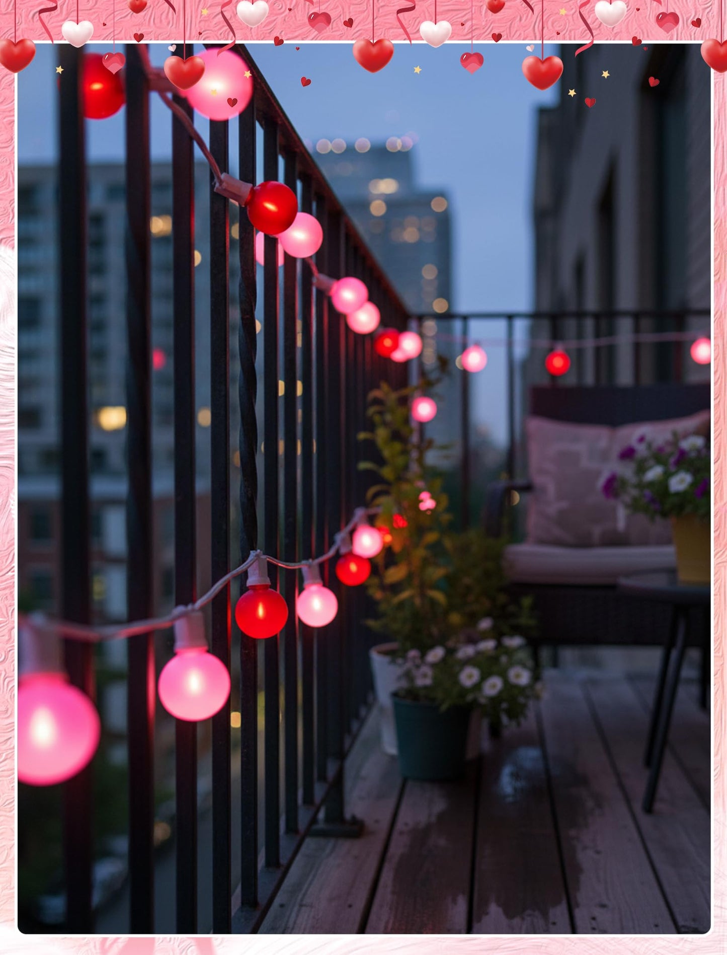 G40 LED Valentine’s Day String Lights, 25Ft Valentines Decorations Lights Outdoor with Frosted Red Pink Round Bulbs, Hanging Patio Lights Shatterproof for 4th of July Independence Day Patriotic Party