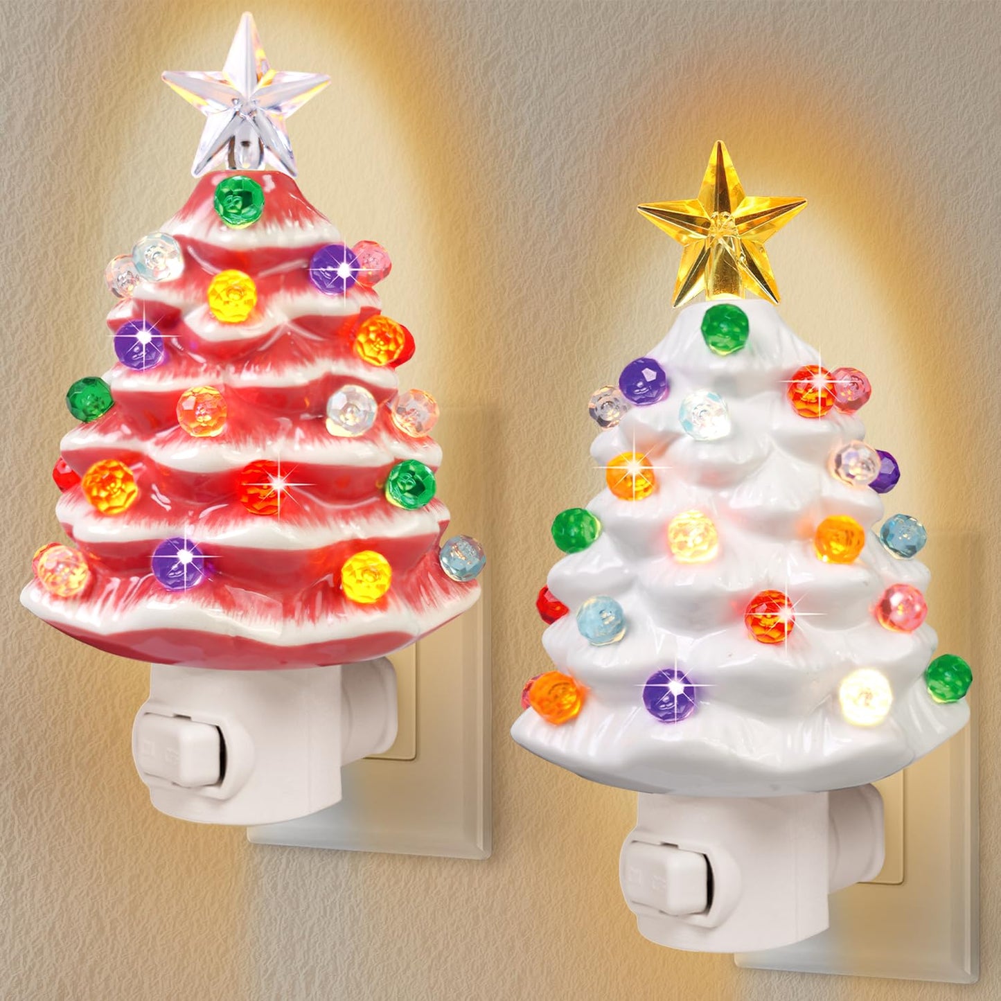 JOVYNX 2 Pack Christmas Ceramic Tree Night Light Plug in,360° Rotatable Nostalgic Xmas Day Night Light that Light Up,Pink White Retro Christmas Day Decor Nightlights