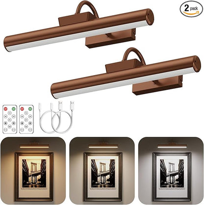 Picture Light Battery Operated, 13in Wireless Art Light for Paintings, Dimmable 5000mAh Recharging Battery Picture Light with Remote Control for Wall, Gallery Dartboard (Orange Copper -2Pack)