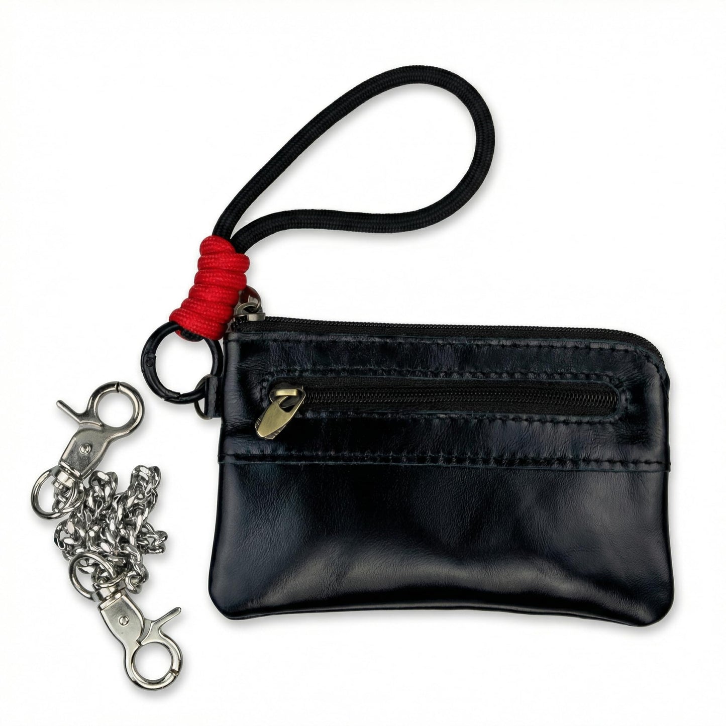 Genuine Leather Coin Purse with Removeable Wallet Chain & Wristlet - 2-Zipper Pocket Keychain Wallet, Small Black Change Purse and Card Holder for Men & Women