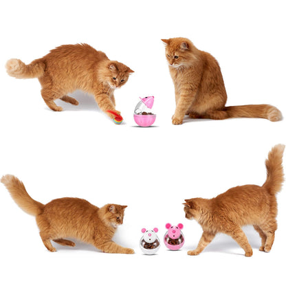 Lightbox Cat Food Ball Dispenser - 4 Pcs Slow Feeder Mice Shaped Tumbler Toy for Interactive Training (Pink, White)