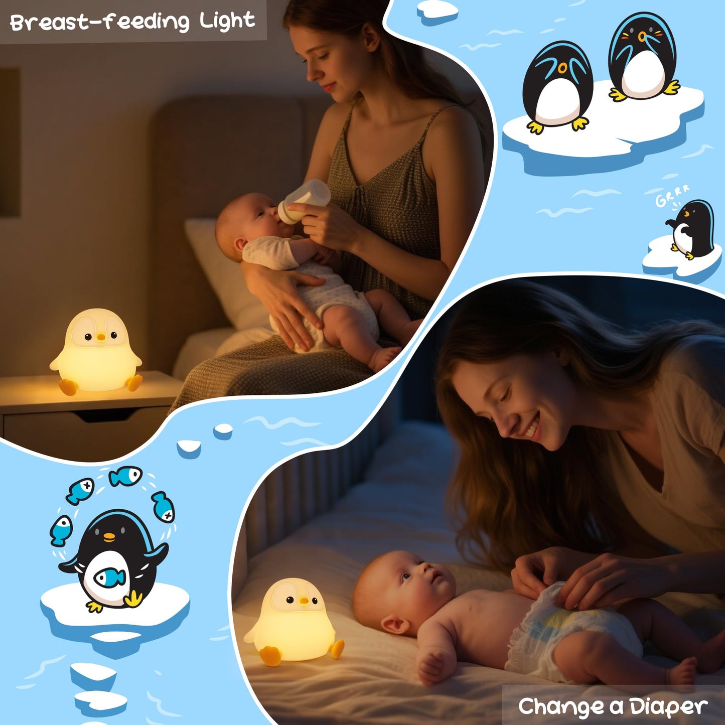 Okayera Penguin Night Light, Pudgy Penguins Squishy Nightlight for Kids, LED Silicone Nursery Lamp with Dimmable & 20 Mins Timer, Rechargeable Bedroom Bedside Docer Stuff, Cute Gifts for Boys Girls