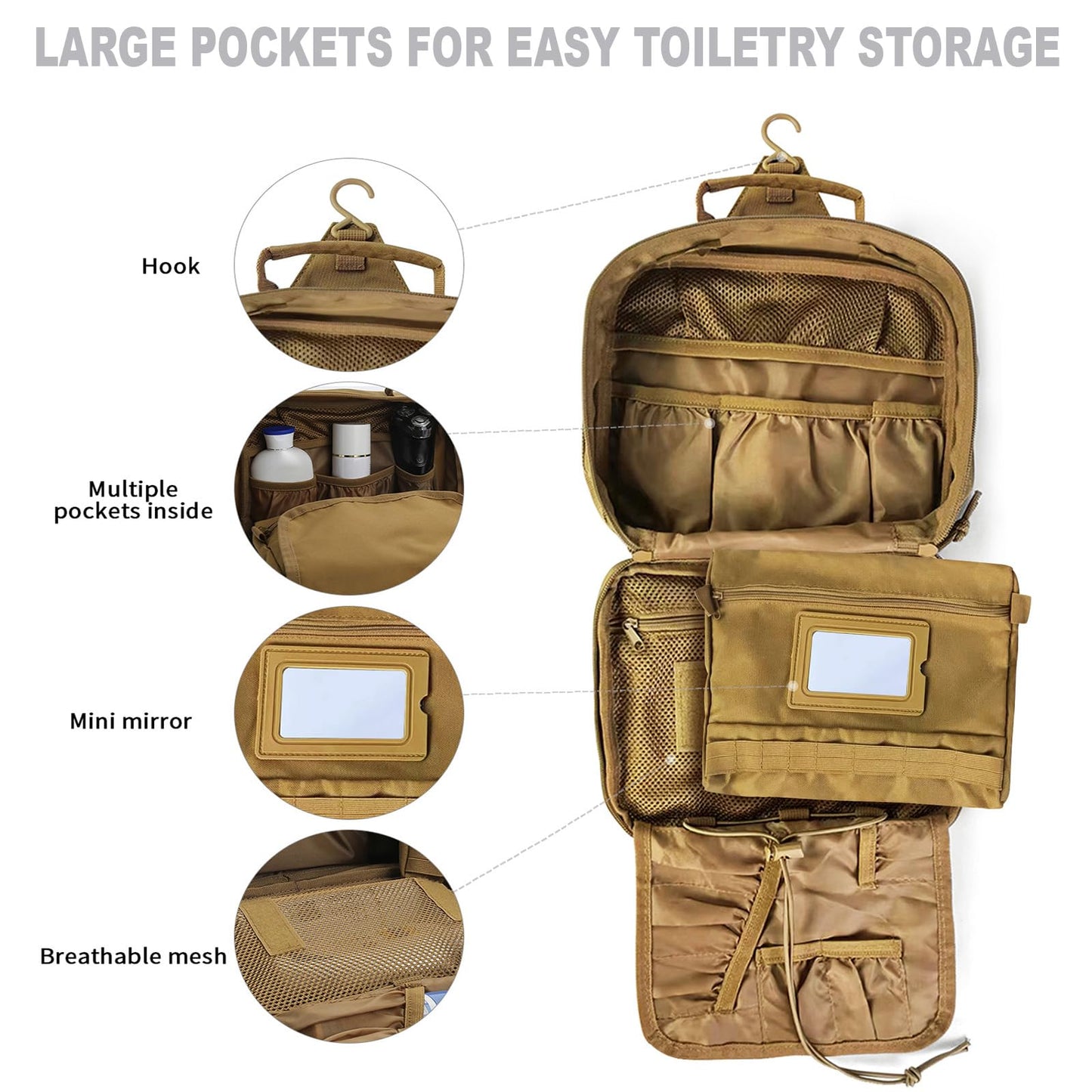 SUNRISING Tactical Travel Toiletry Bag for Men and Women, Hanging Travel Toiletry Organizer Dopp Kit, Toiletries Shaving Hygiene Bathroom Bag,Men's Toiletry Bag for Short Trips Camping - Khaki