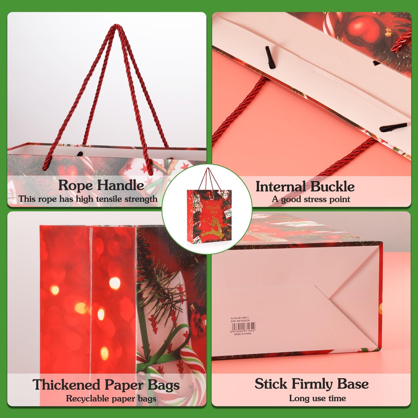 Rusikia 12 Christmas Gift Bags with 12 Tissues and 1 Satin Ribbon - Medium