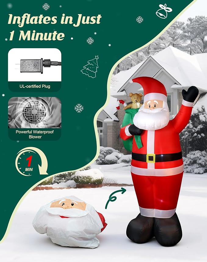 8 FT Christmas Inflatables Outdoor Decorations, Santa Claus with Candy and Gift Bag, LED Lighted Blow Up IP68 Weatherproof Standing Santa Xmas Indoor Outdoor Decor for Yard Garden Lawn Mall Party