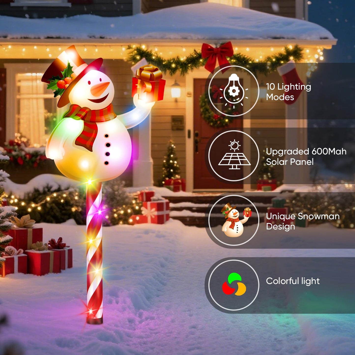 NESSTU Solar Christmas Decorations Outdoor: Set of 5 Snowman Pathway Lights with Candy Cane Stakes - 10 Modes Waterproof Solar Powered Holiday Yard Decor for Garden Lawn Walkway - Gifts for Women Men