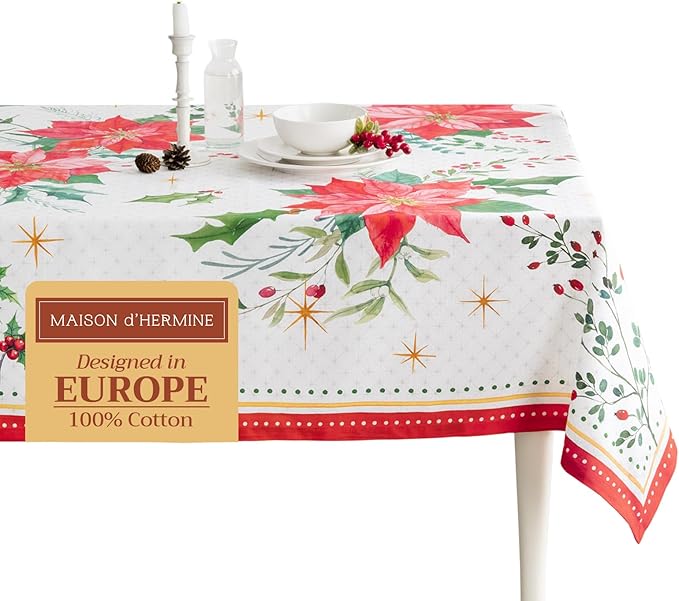 Maison d' Hermine Table Cloth Rectangle Table 100% Cotton 70 x 120 Inches Fall Tablecloth Reusable Everyday Use for Thanksgiving Christmas Decorations Dining Farmhouse Party (Poinsettia Christmas)