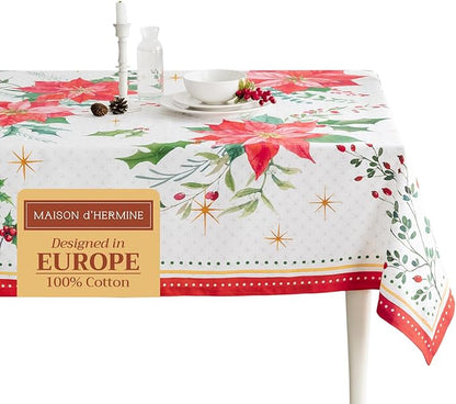 Maison d' Hermine Table Cloth Rectangle Table 100% Cotton 70 x 120 Inches Fall Tablecloth Reusable Everyday Use for Thanksgiving Christmas Decorations Dining Farmhouse Party (Poinsettia Christmas)